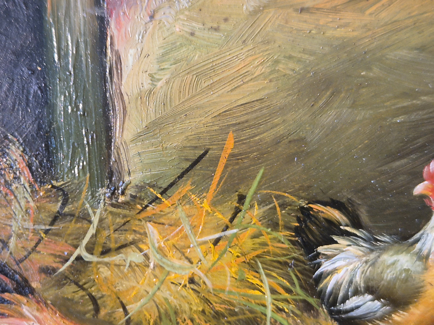 Ölgemälde Hühner Stall Bauernhof Deutsche Schule (XX) 18x19cm