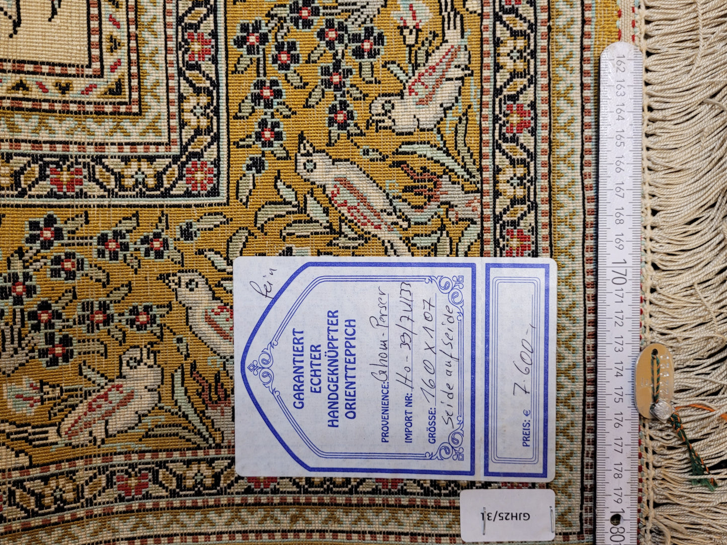 Ghom Seidenteppich Seide auf Seide Vogelmotiv feine Knüpfung