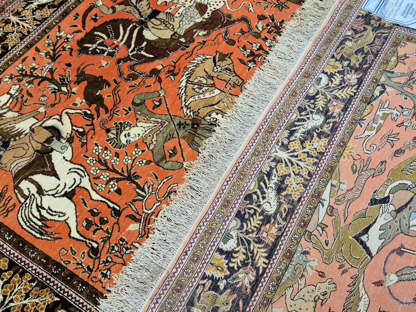 Ghom Seidenteppich Naturseide Jagdmotiv feine Handknüpfung