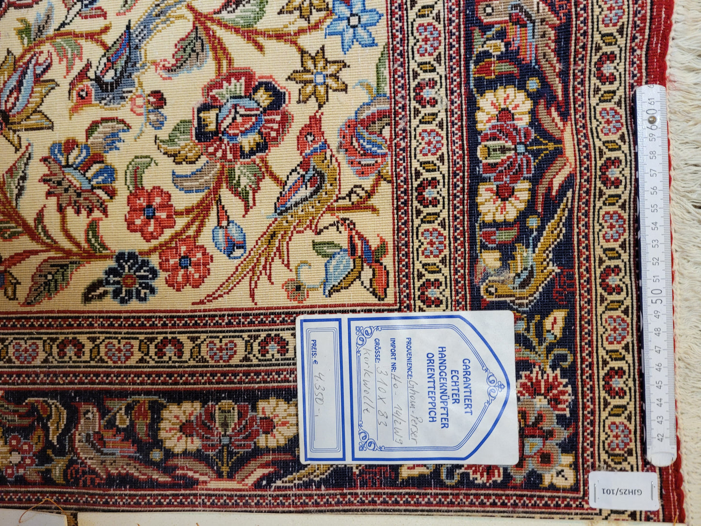 Ghom Läufer Korkwolle floral Vögel feine Knüpfkunst