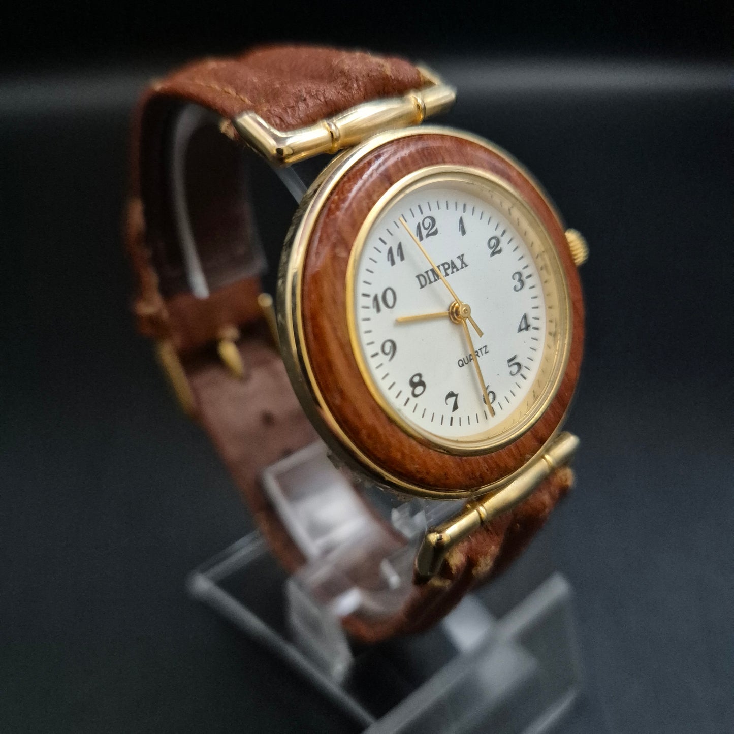 Dimpex Damen Uhr mit Holz-Akzenten und braunem Lederband