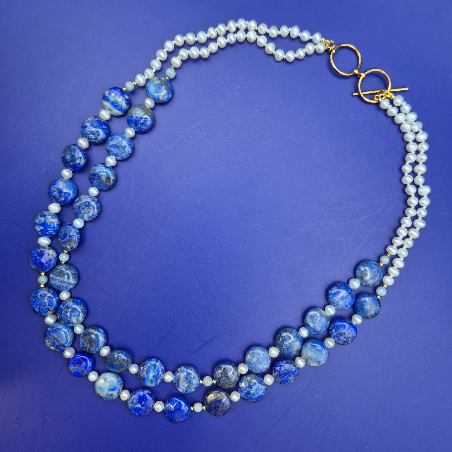 Elegante Vintage Lapislazuli und Perlen Doppelketten Halskette