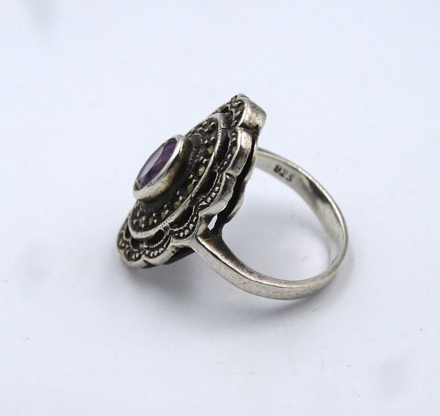 Antiker Jugendstil Damenring aus Silber 925 mit Amethyst, Größe 53