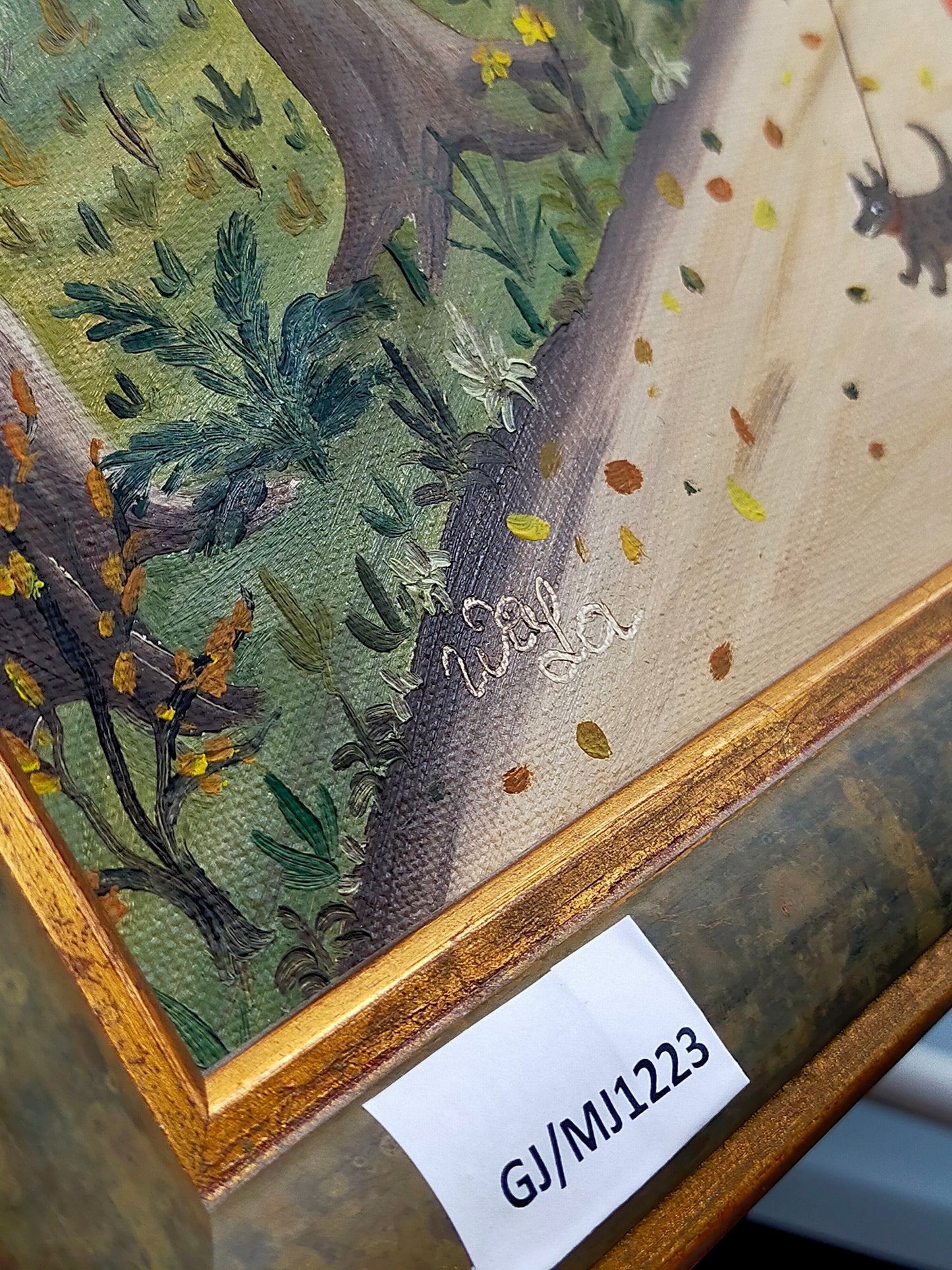 Deutsche Schule (XX) Spaziergang durch den Wald Naive Kunst Ölgemälde