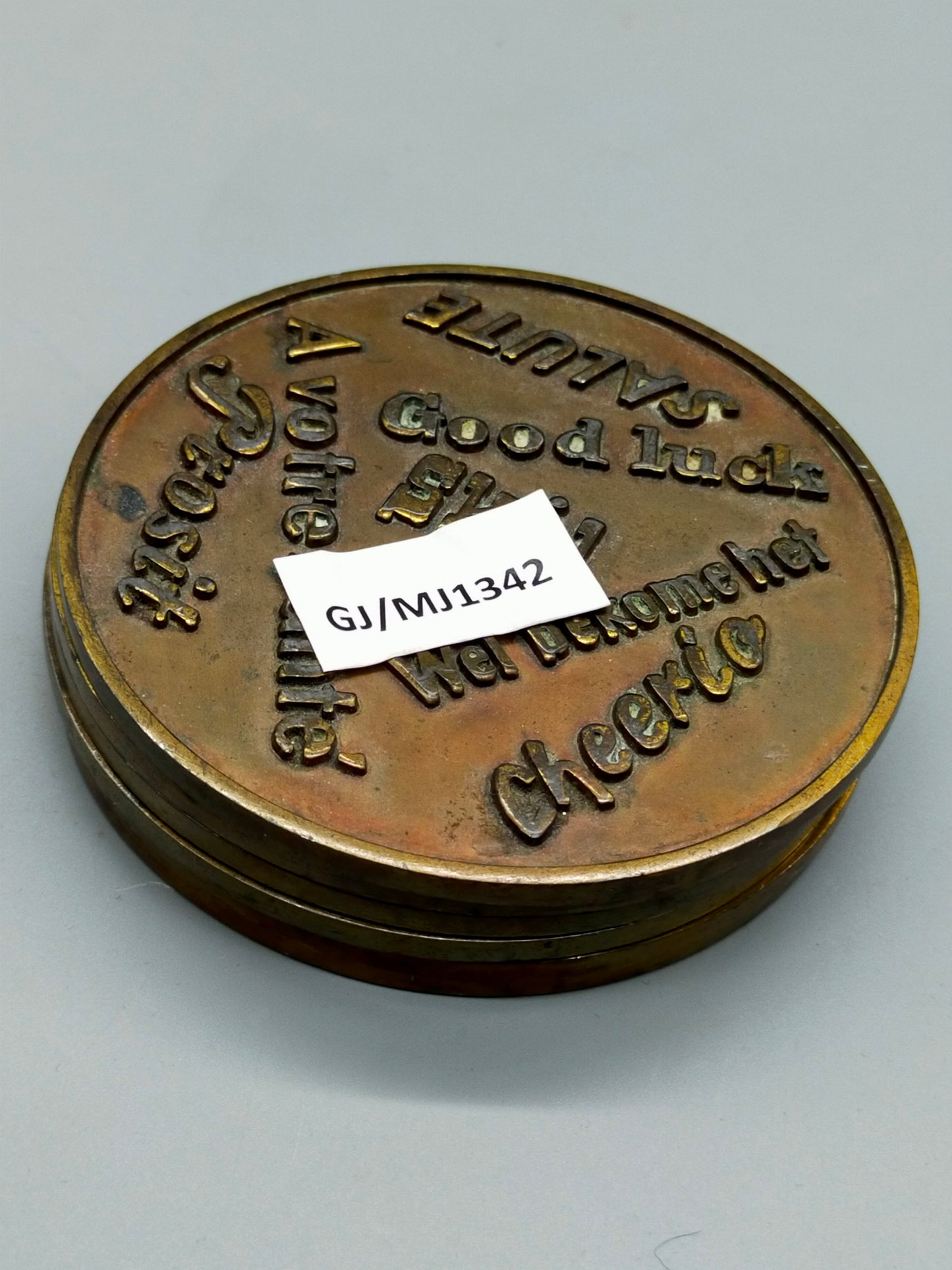 Vintage Bronze Untersetzer Set 5 Stk Internationale Trinksprüche