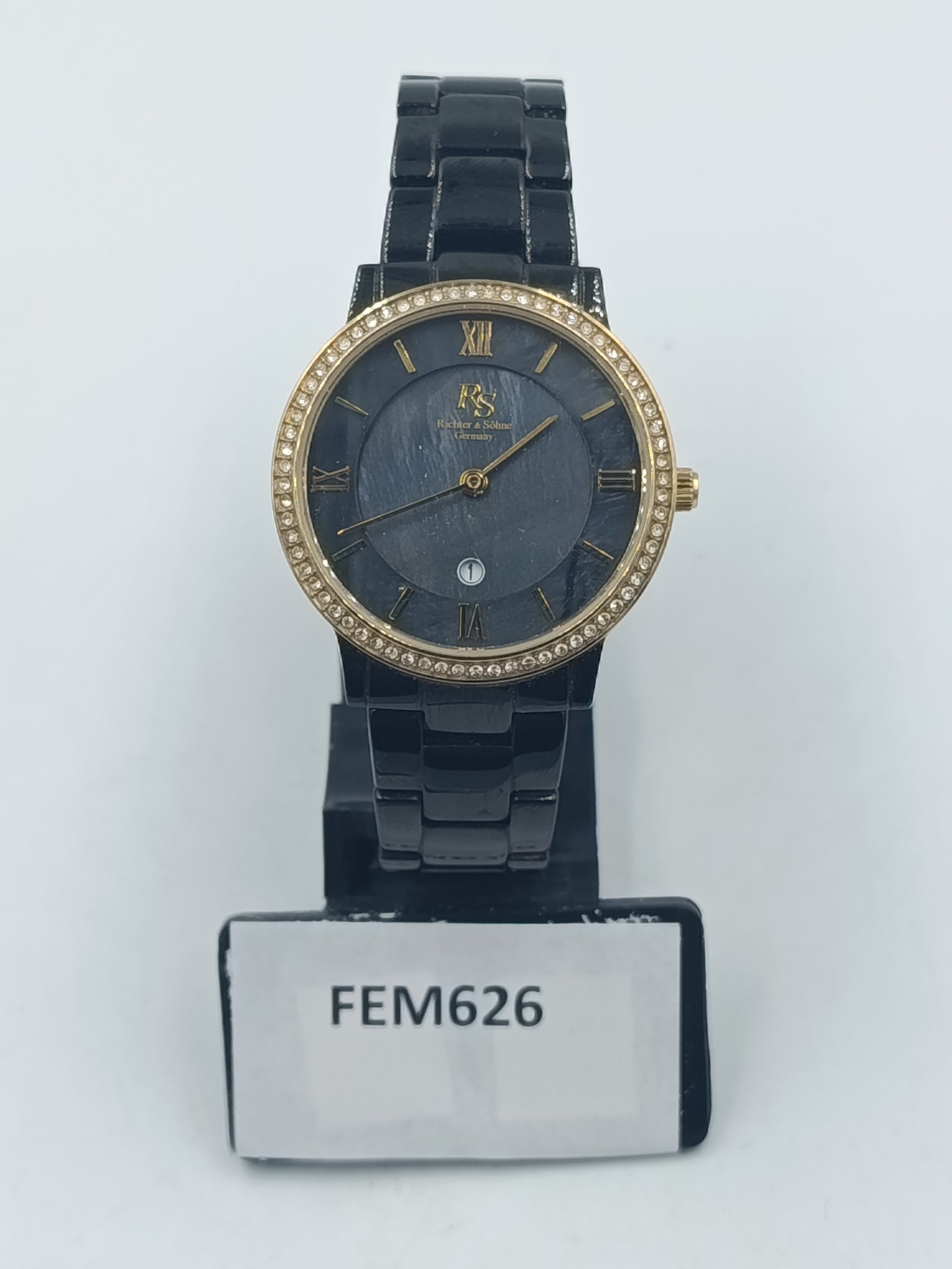 Richter & Söhne Damen Armbanduhr Quartz Schwarz Gold Strassrand Edelstahl