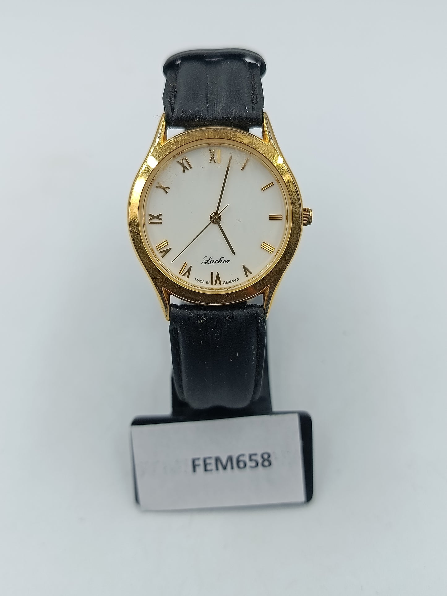 Lacher Armbanduhr Gold Weiß Schwarz Lederband Klassisch Elegant