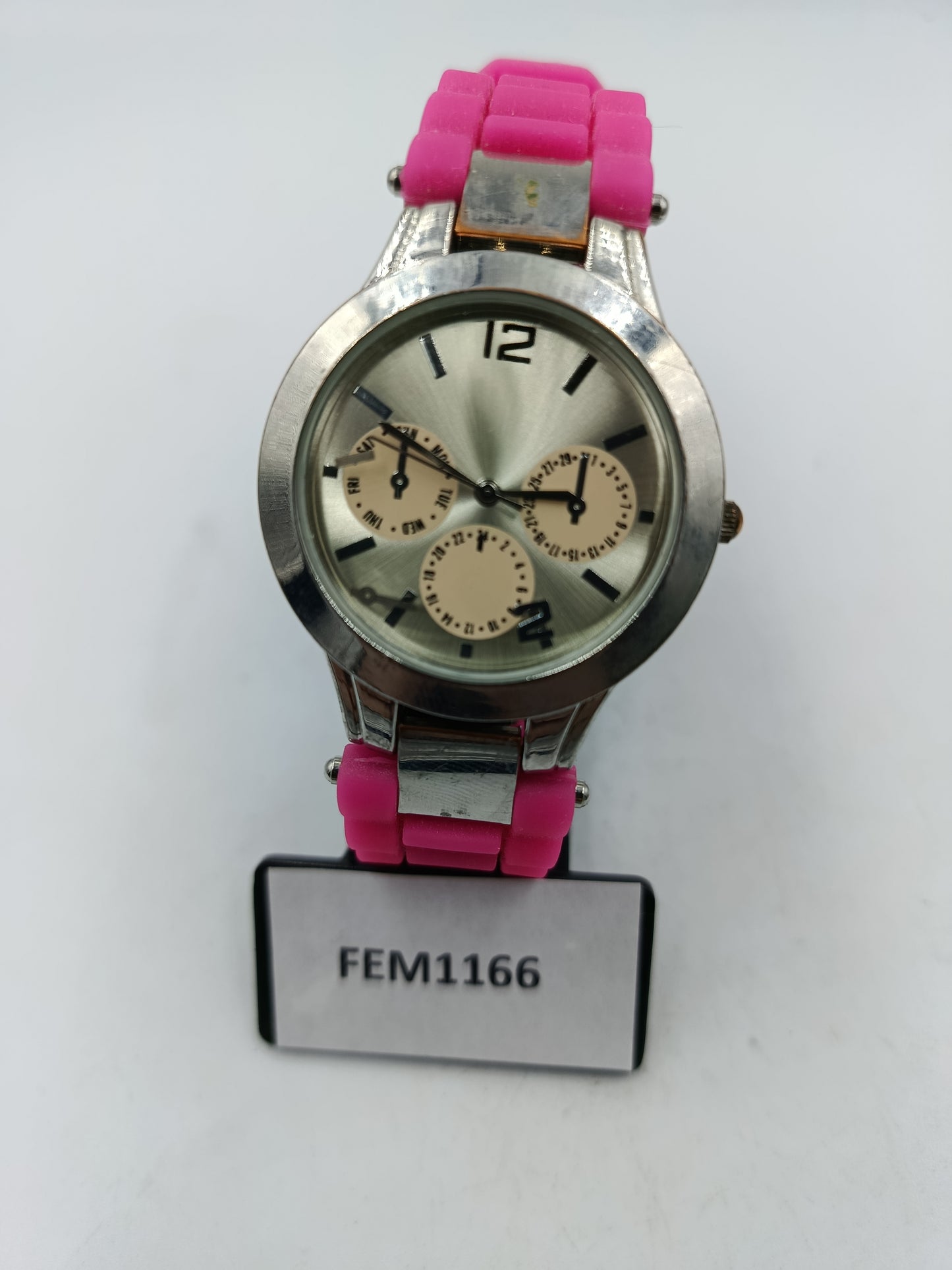 Moderne Damen Uhr Silber Pink modernes Zifferblatt pinkes Silikonarmband