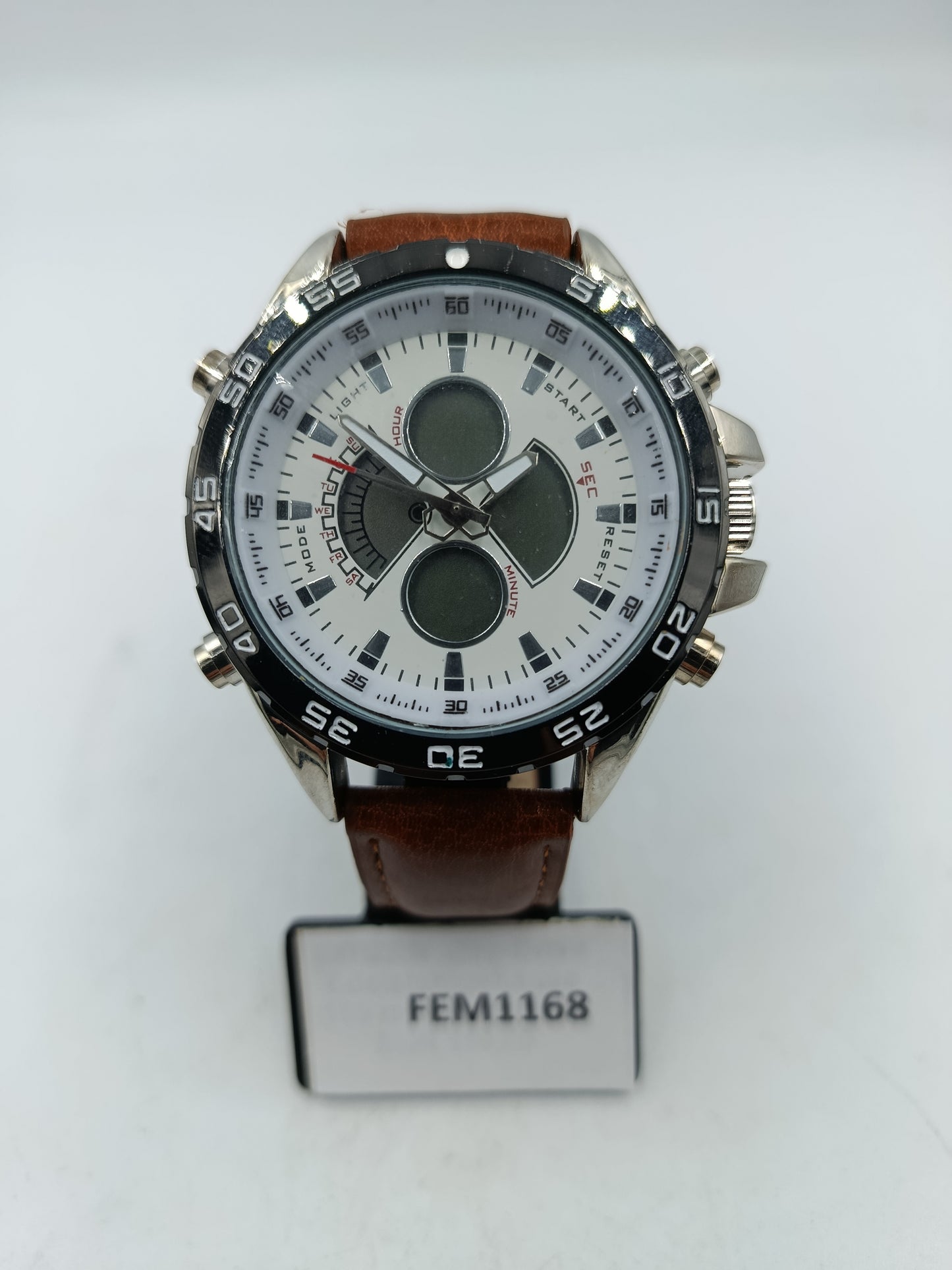 Herren Armbanduhr Weiss Schwarz mit braunem Band Sportlich modernes Design