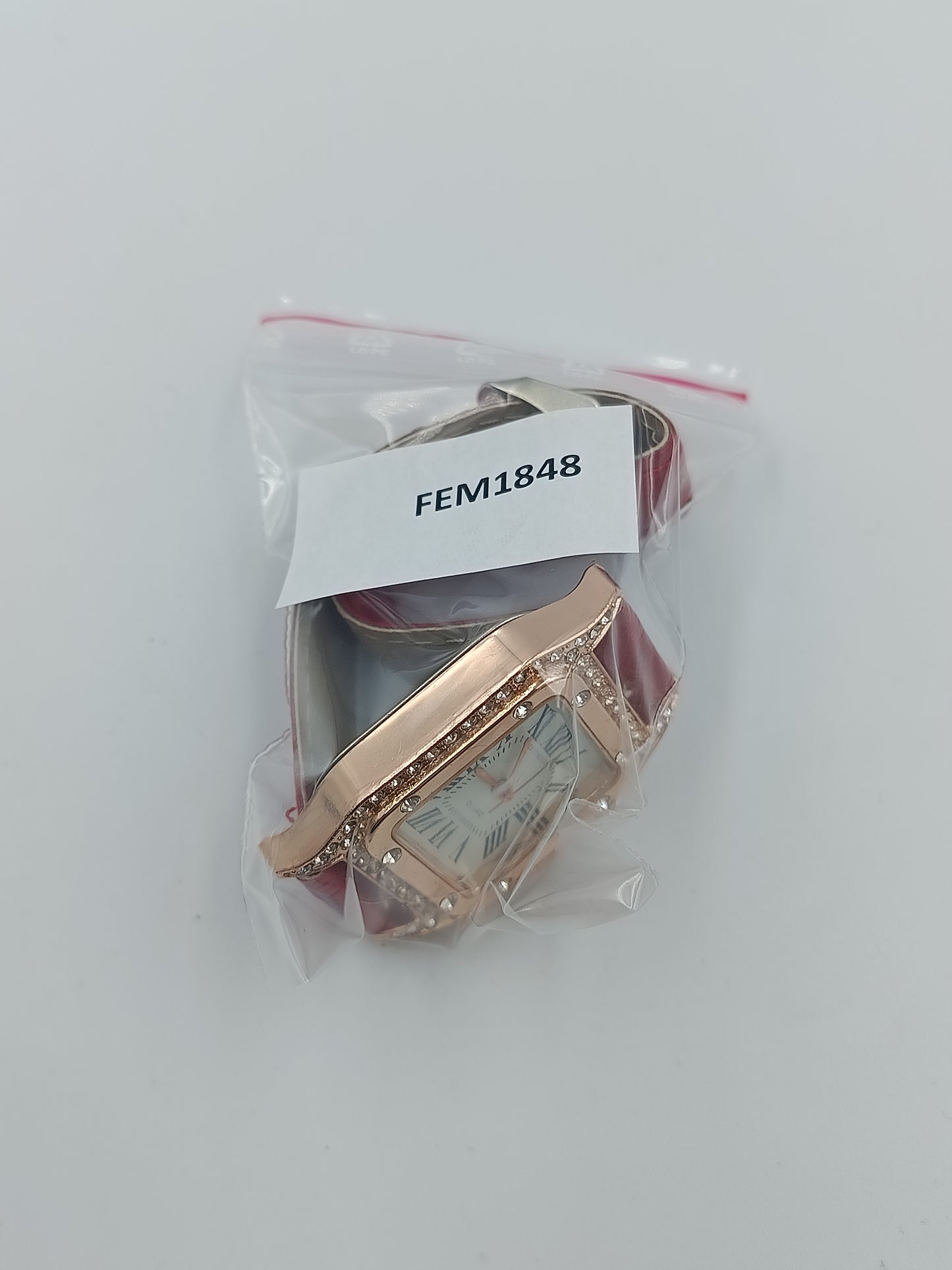Roségold-Damenuhr mit Strass & rotem Lederarmband