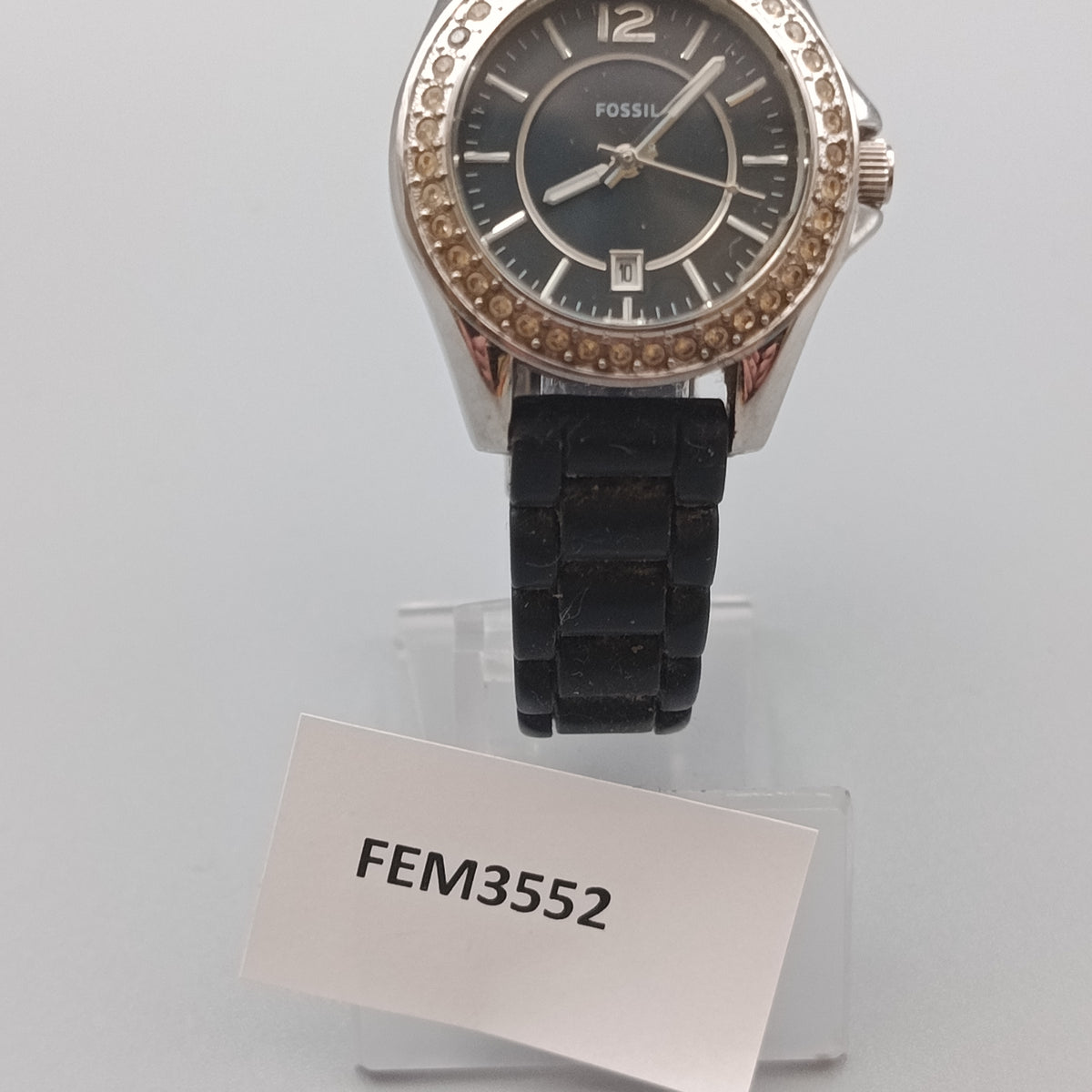 Moderne Fossil Damen Uhr – Schwarz mit Strasslünette