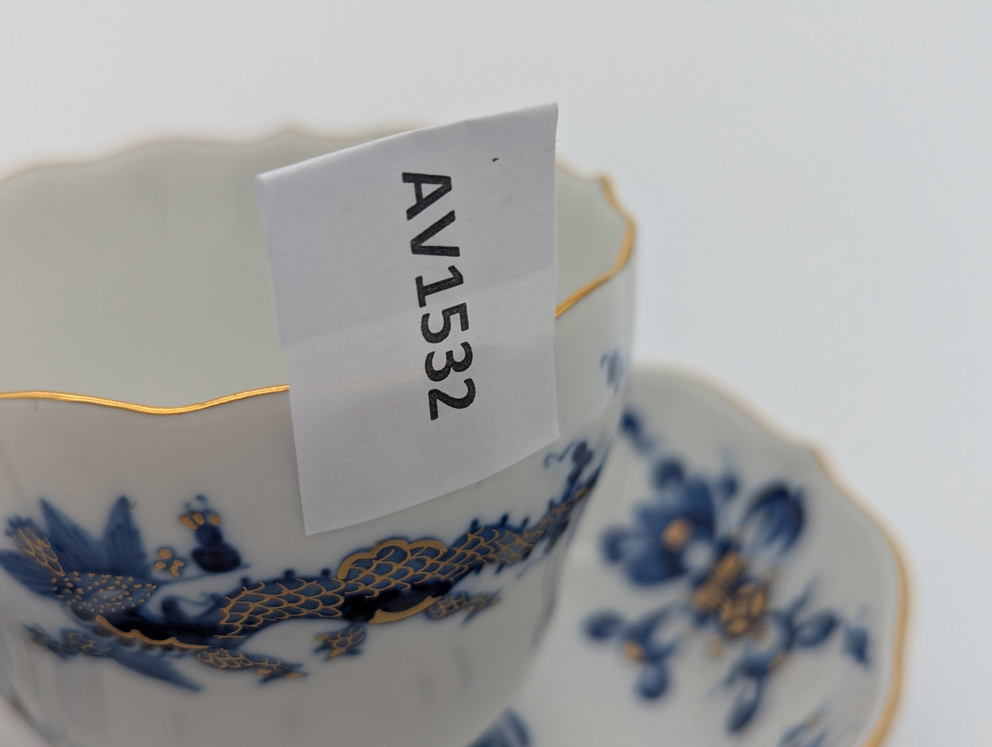 Meissen Porzellan Mokkaset Reicher Drache Blau Gold Tasse Untertasse