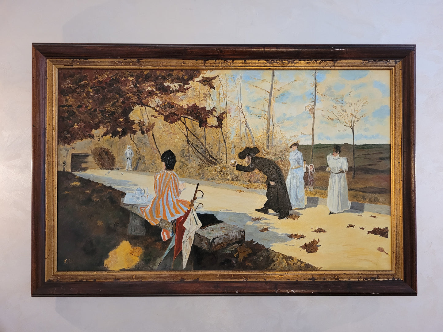 Monogramm S.W. (XX) Ölgemälde Sommerliche Boccia Partie 61x91cm