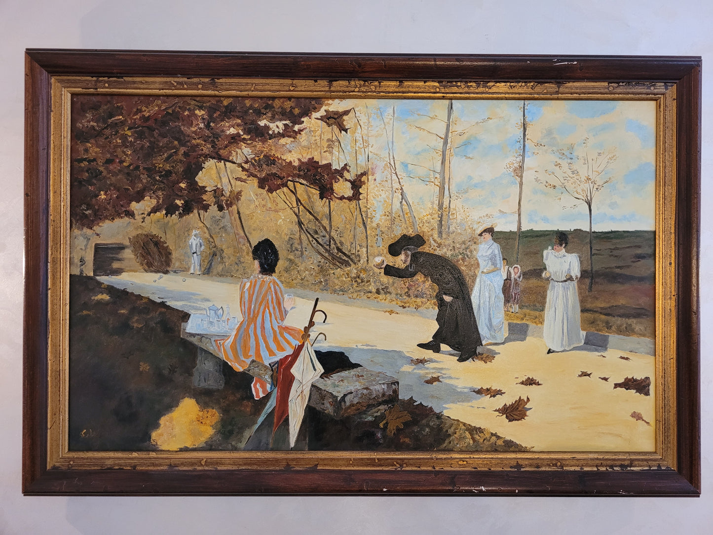 Monogramm S.W. (XX) Ölgemälde Sommerliche Boccia Partie 61x91cm