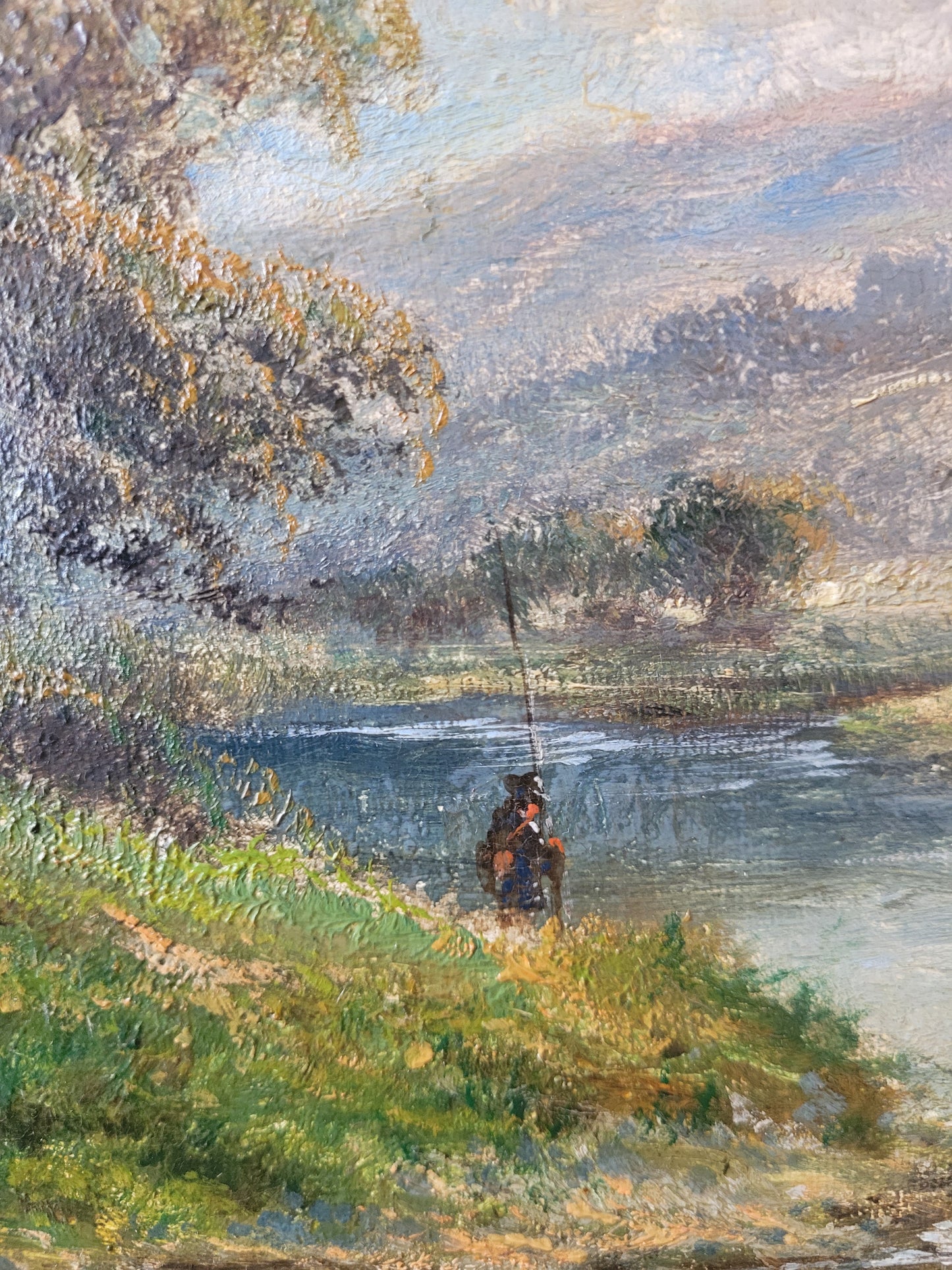 Deutsche Schule (XX) Ölgemälde Stimmungsvolle Landschaft mit Angler