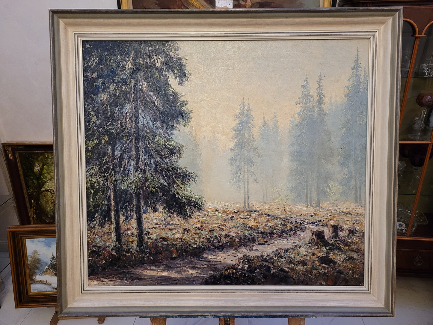 Europäische Schule (XX) Ölgemälde Handsigniert Waldlandschaft 82x92cm