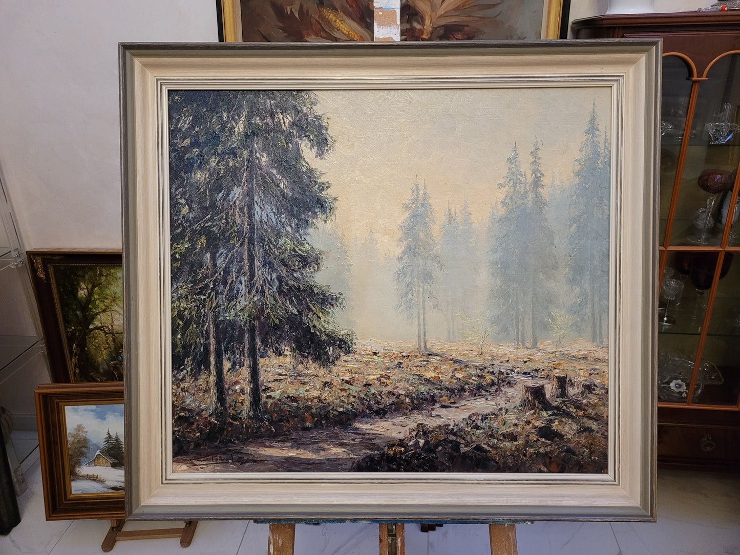 Europäische Schule (XX) Ölgemälde Handsigniert Waldlandschaft 82x92cm