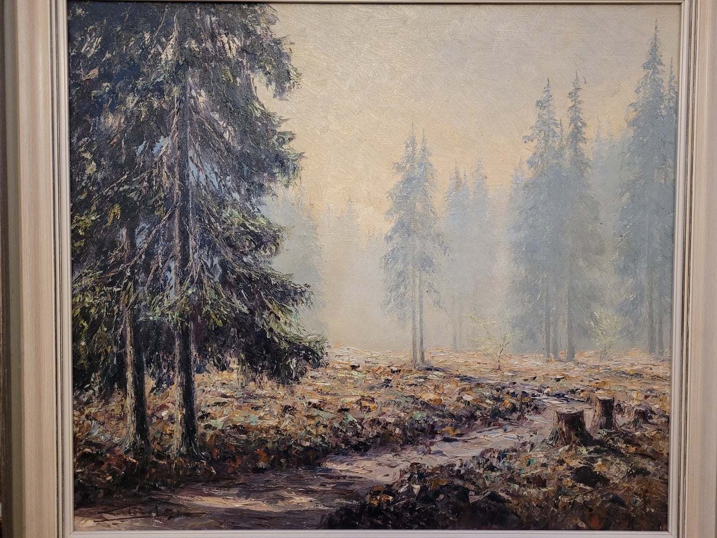 Europäische Schule (XX) Ölgemälde Handsigniert Waldlandschaft 82x92cm