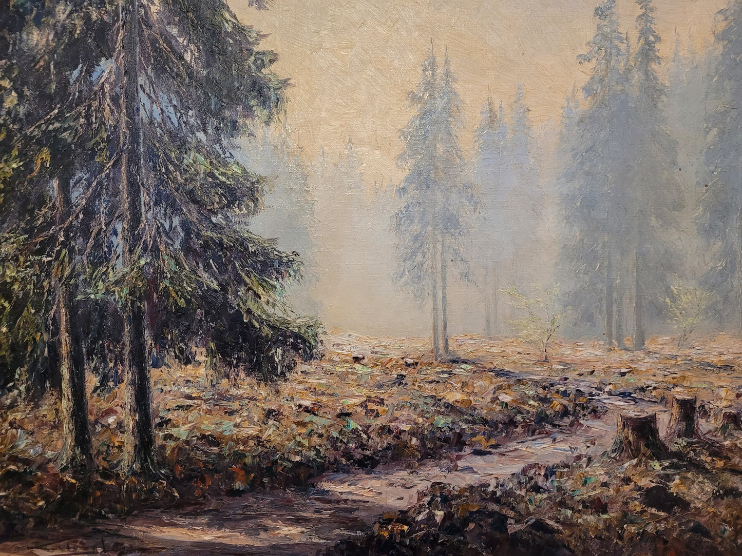 Europäische Schule (XX) Ölgemälde Handsigniert Waldlandschaft 82x92cm