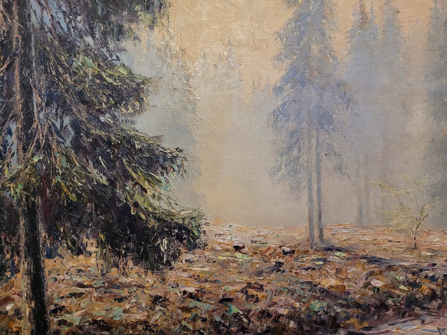 Europäische Schule (XX) Ölgemälde Handsigniert Waldlandschaft 82x92cm