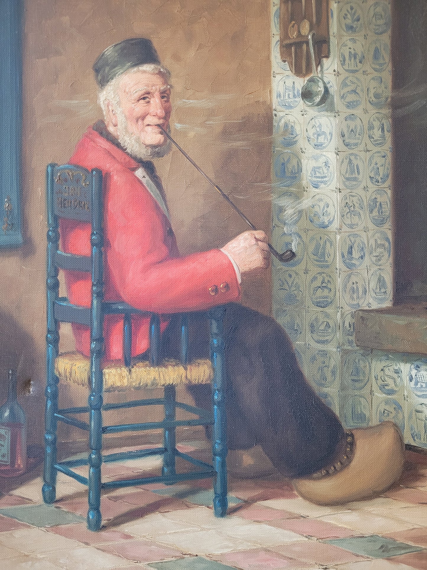 W. L. Mumberg (XX) Ölgemälde Glücklicher Alter Mann mit Pfeife 74x64cm