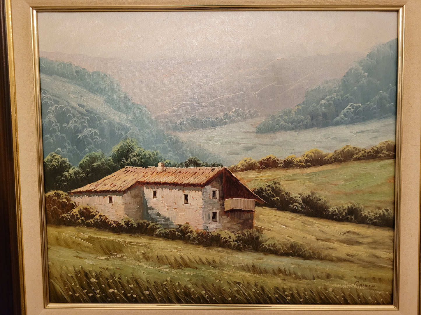 Europäische Schule (XX) Ölgemälde Landschaft mit Bauernhaus 61x71cm