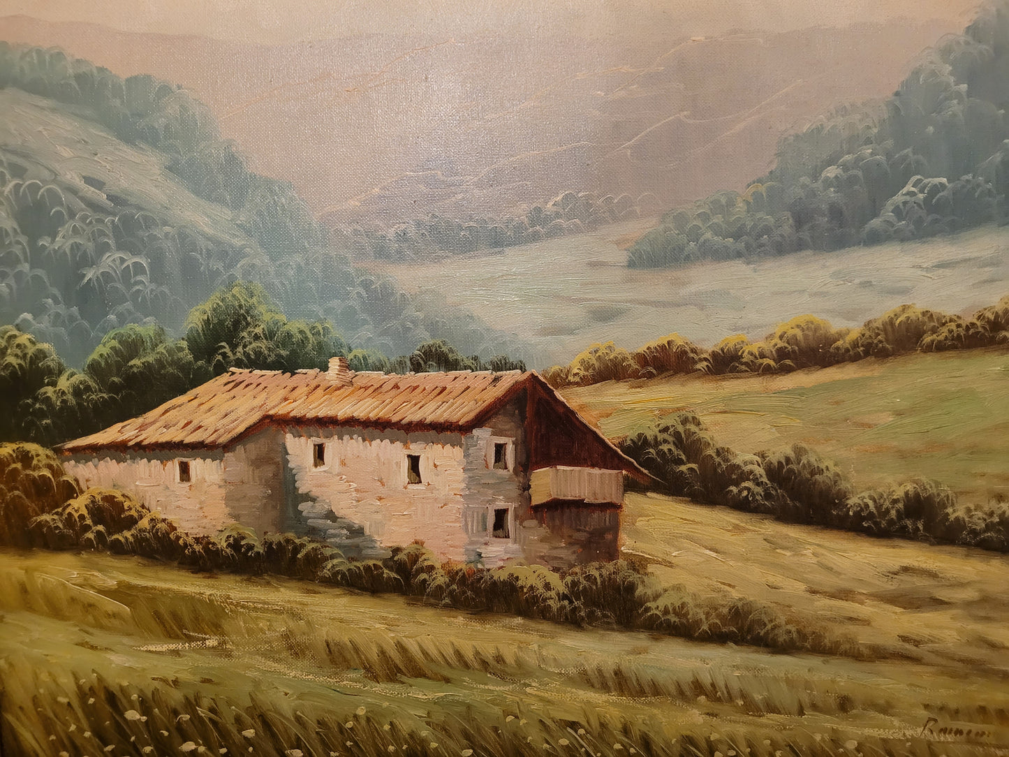 Europäische Schule (XX) Ölgemälde Landschaft mit Bauernhaus 61x71cm