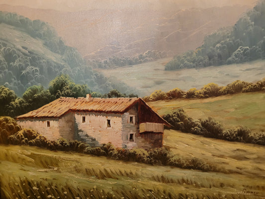 Europäische Schule (XX) Ölgemälde Landschaft mit Bauernhaus 61x71cm