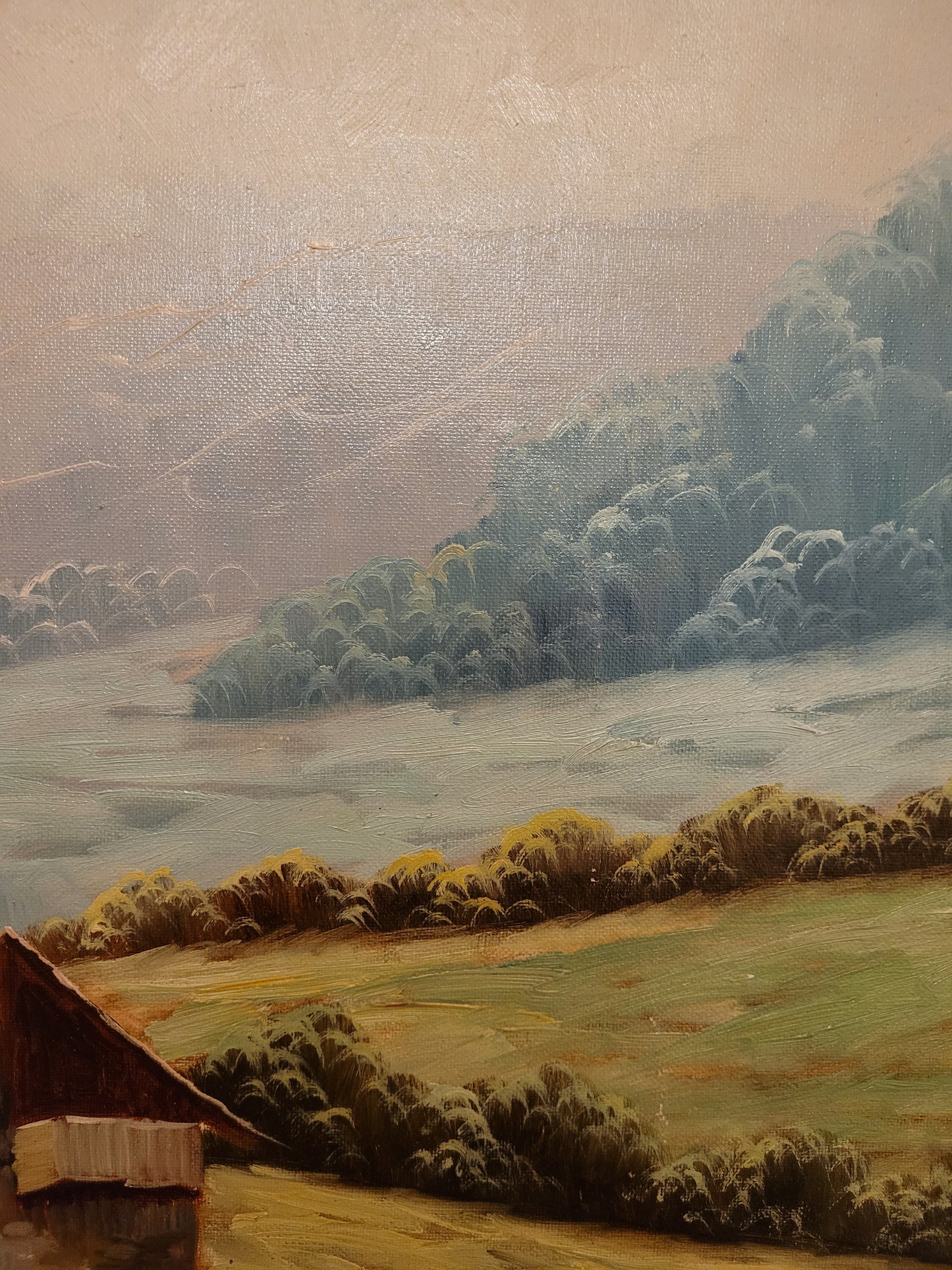 Europäische Schule (XX) Ölgemälde Landschaft mit Bauernhaus 61x71cm