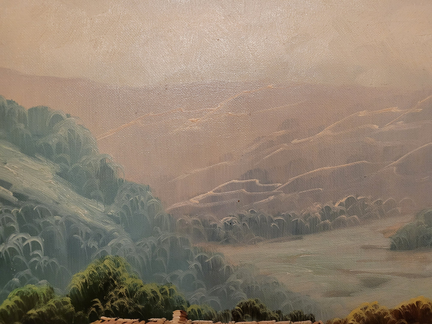 Europäische Schule (XX) Ölgemälde Landschaft mit Bauernhaus 61x71cm