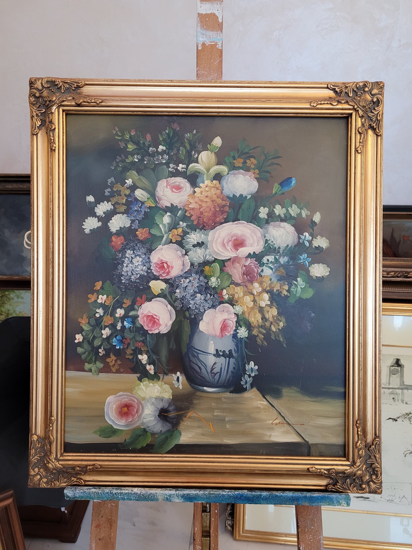 Europäische Schule (XX) Ölgemälde Blühendes Blumenstillleben 72x62cm