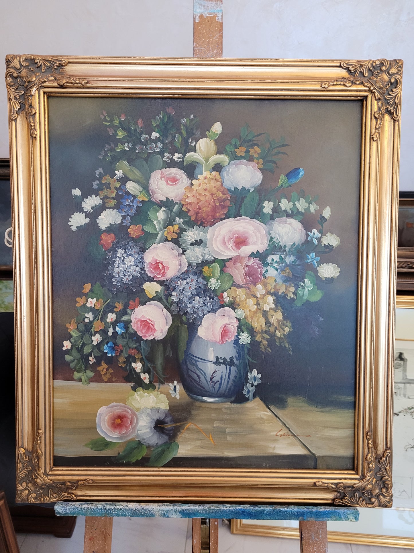 Europäische Schule (XX) Ölgemälde Blühendes Blumenstillleben 72x62cm