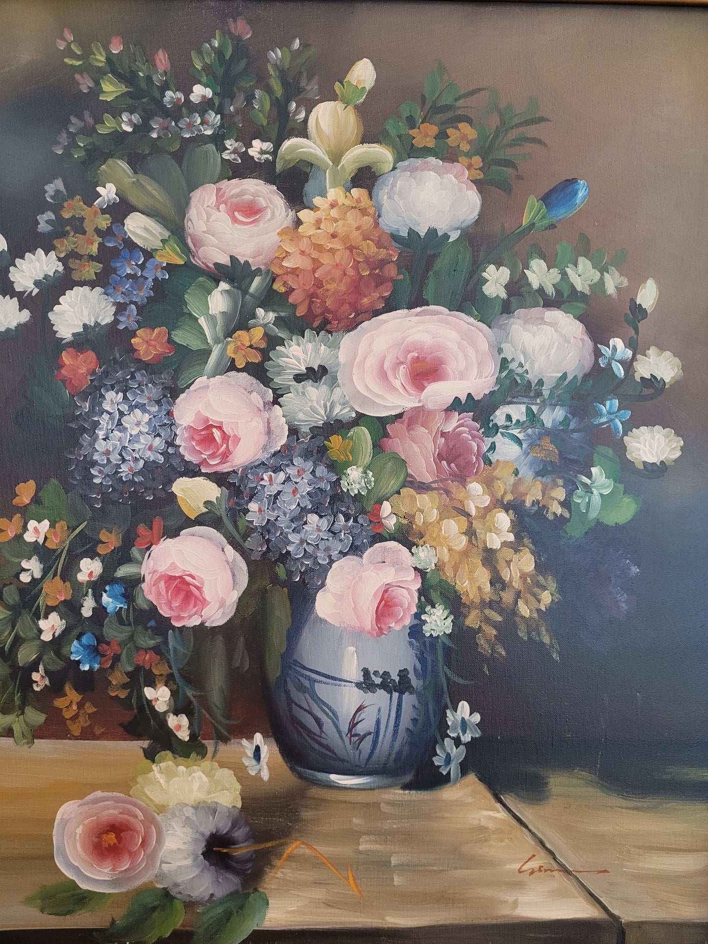 Europäische Schule (XX) Ölgemälde Blühendes Blumenstillleben 72x62cm