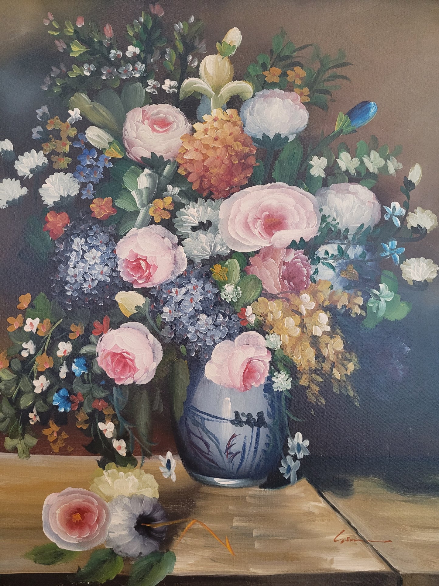 Europäische Schule (XX) Ölgemälde Blühendes Blumenstillleben 72x62cm