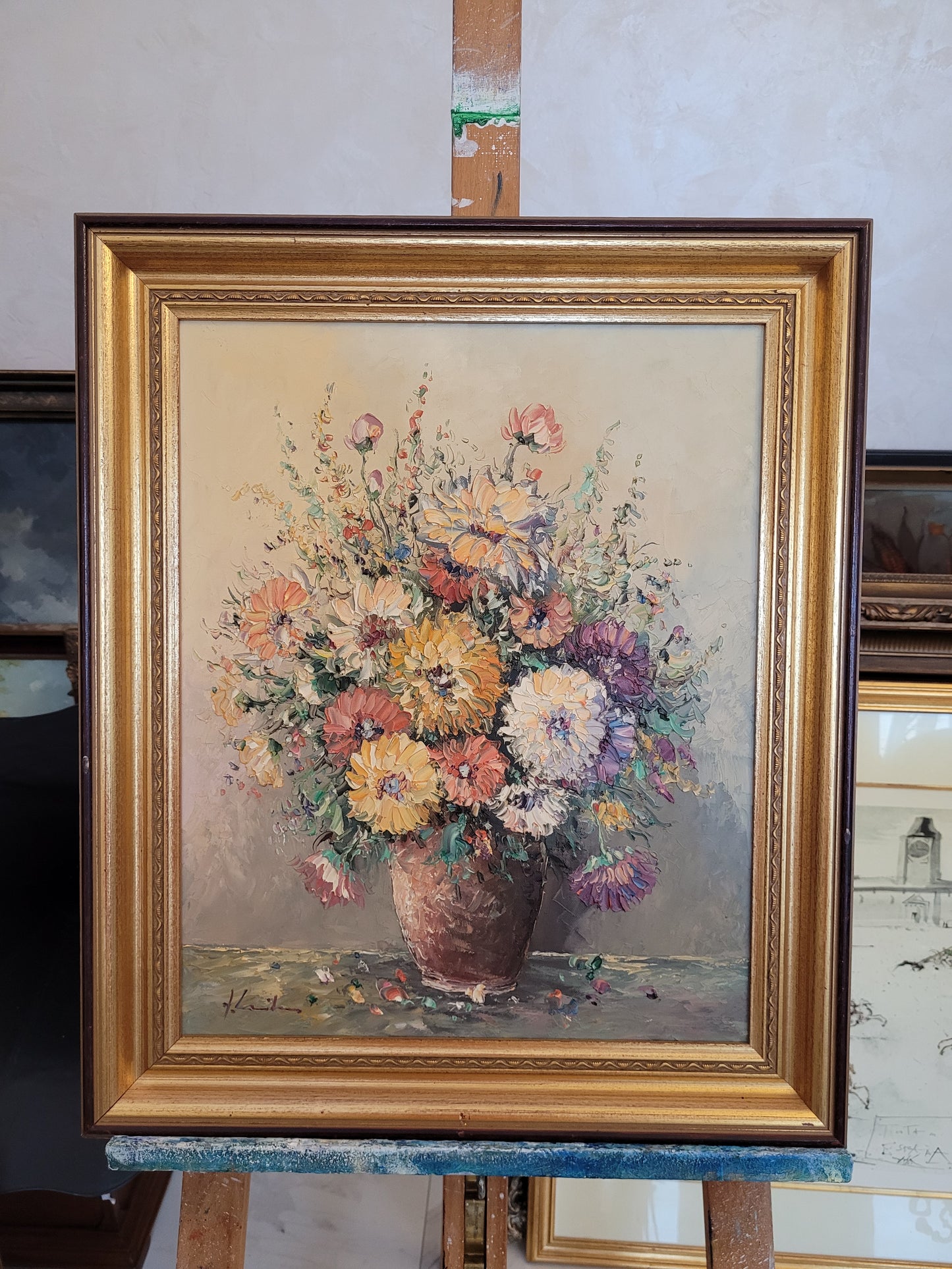 Europäische Schule (XX) Ölgemälde Kräftiges Blumenstillleben 62x51cm