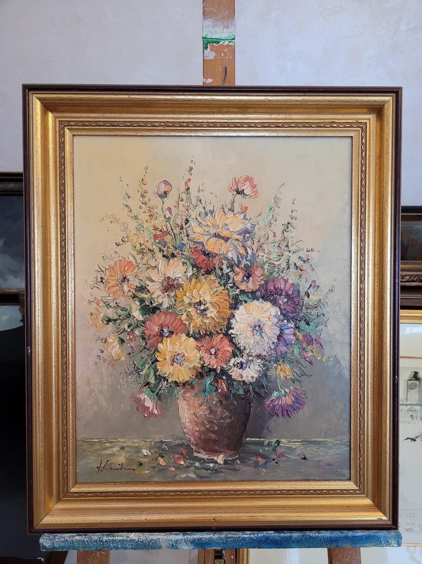 Europäische Schule (XX) Ölgemälde Kräftiges Blumenstillleben 62x51cm