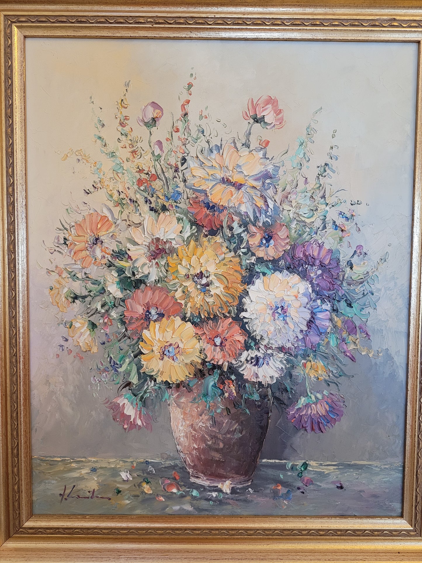 Europäische Schule (XX) Ölgemälde Kräftiges Blumenstillleben 62x51cm