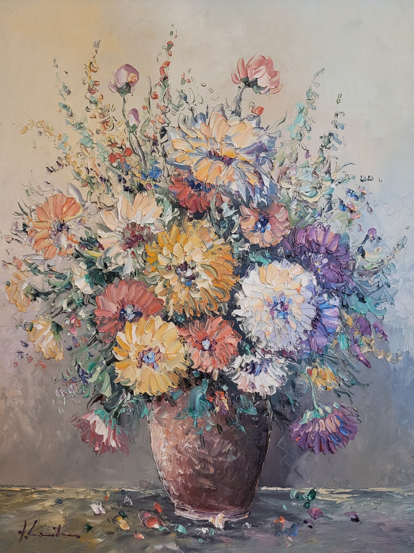 Europäische Schule (XX) Ölgemälde Kräftiges Blumenstillleben 62x51cm