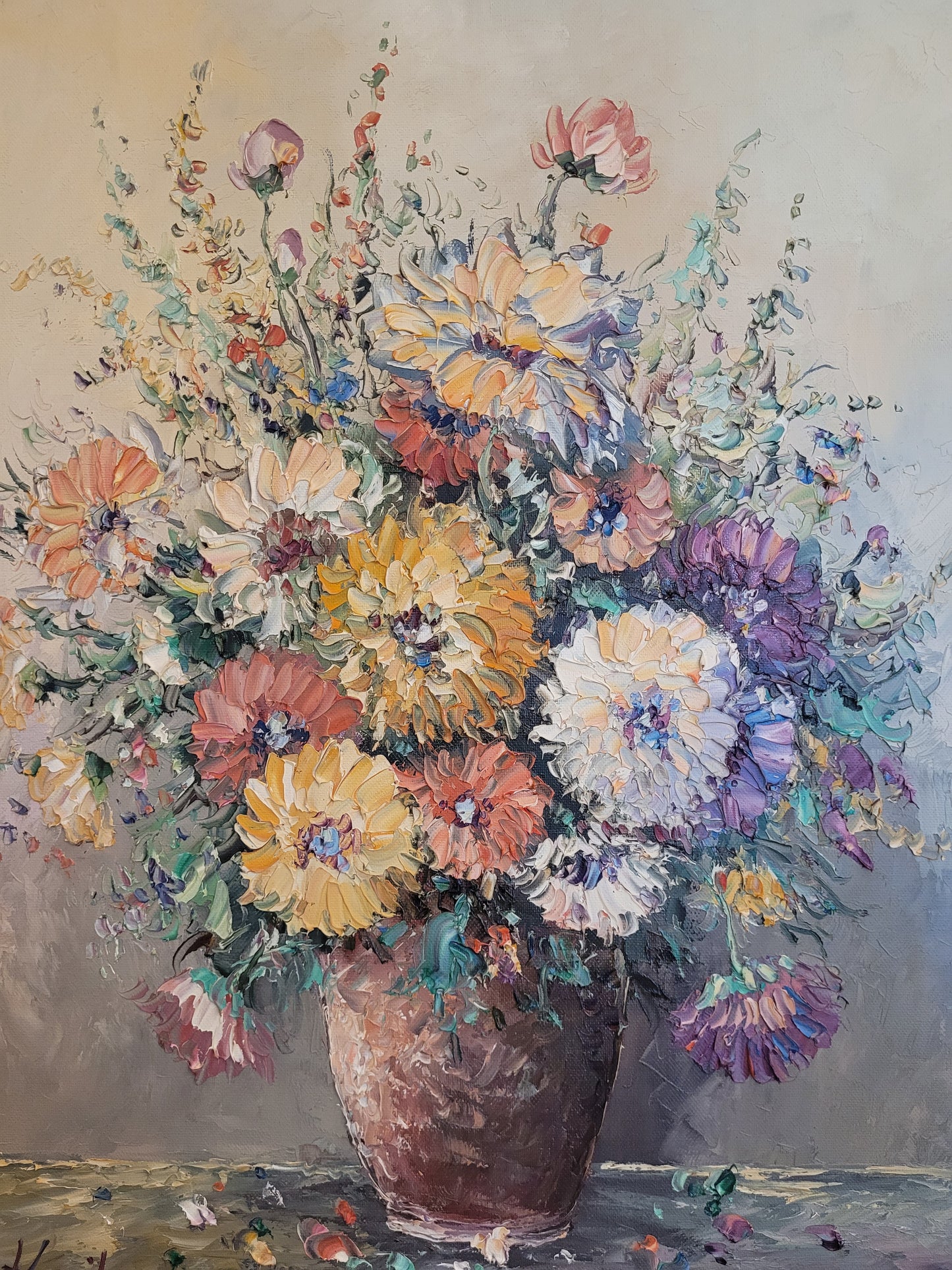 Europäische Schule (XX) Ölgemälde Kräftiges Blumenstillleben 62x51cm