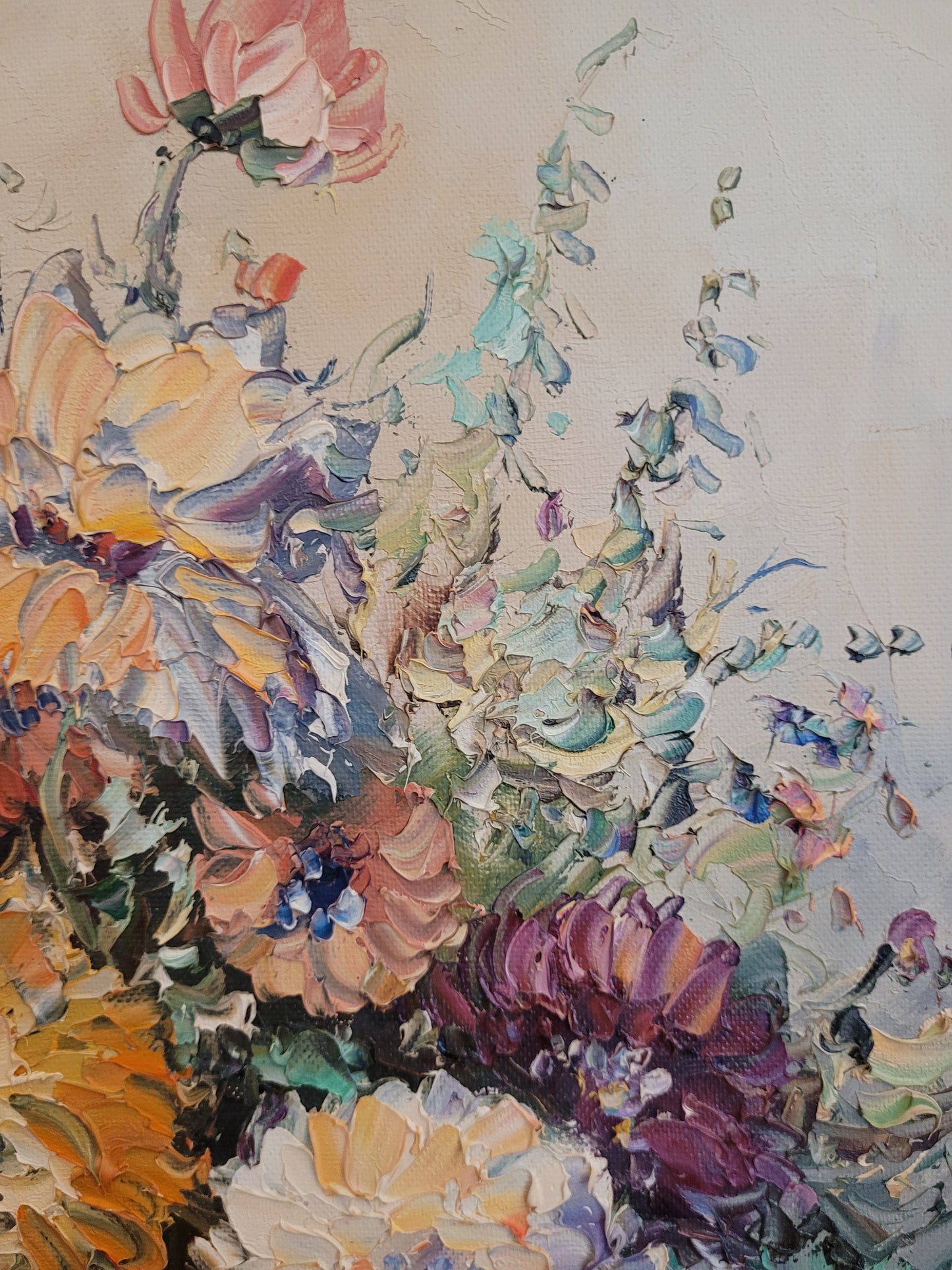 Europäische Schule (XX) Ölgemälde Kräftiges Blumenstillleben 62x51cm