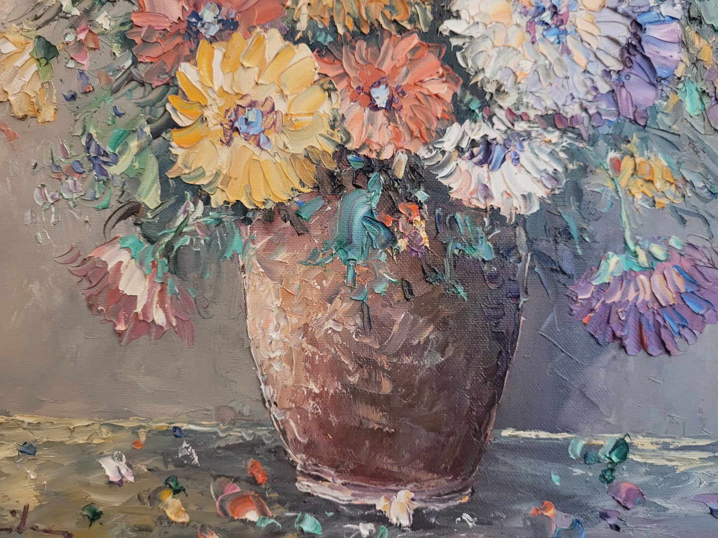 Europäische Schule (XX) Ölgemälde Kräftiges Blumenstillleben 62x51cm