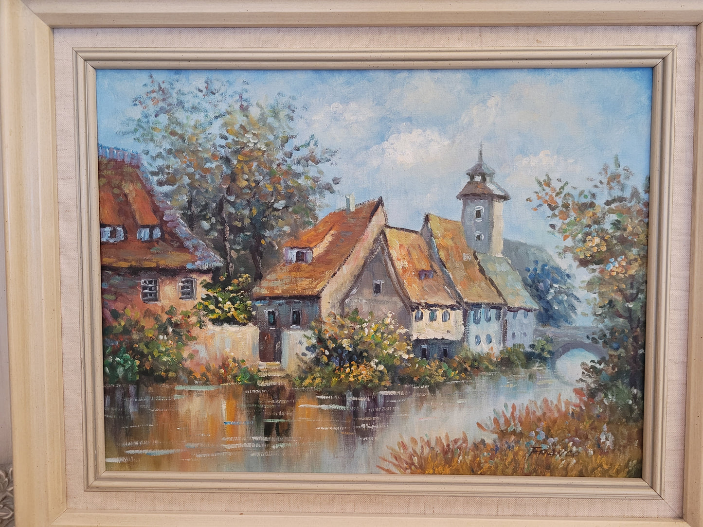 Franco (XX) Ölgemälde Handsigniert Dorflandschaft mit Fluss 55x62cm