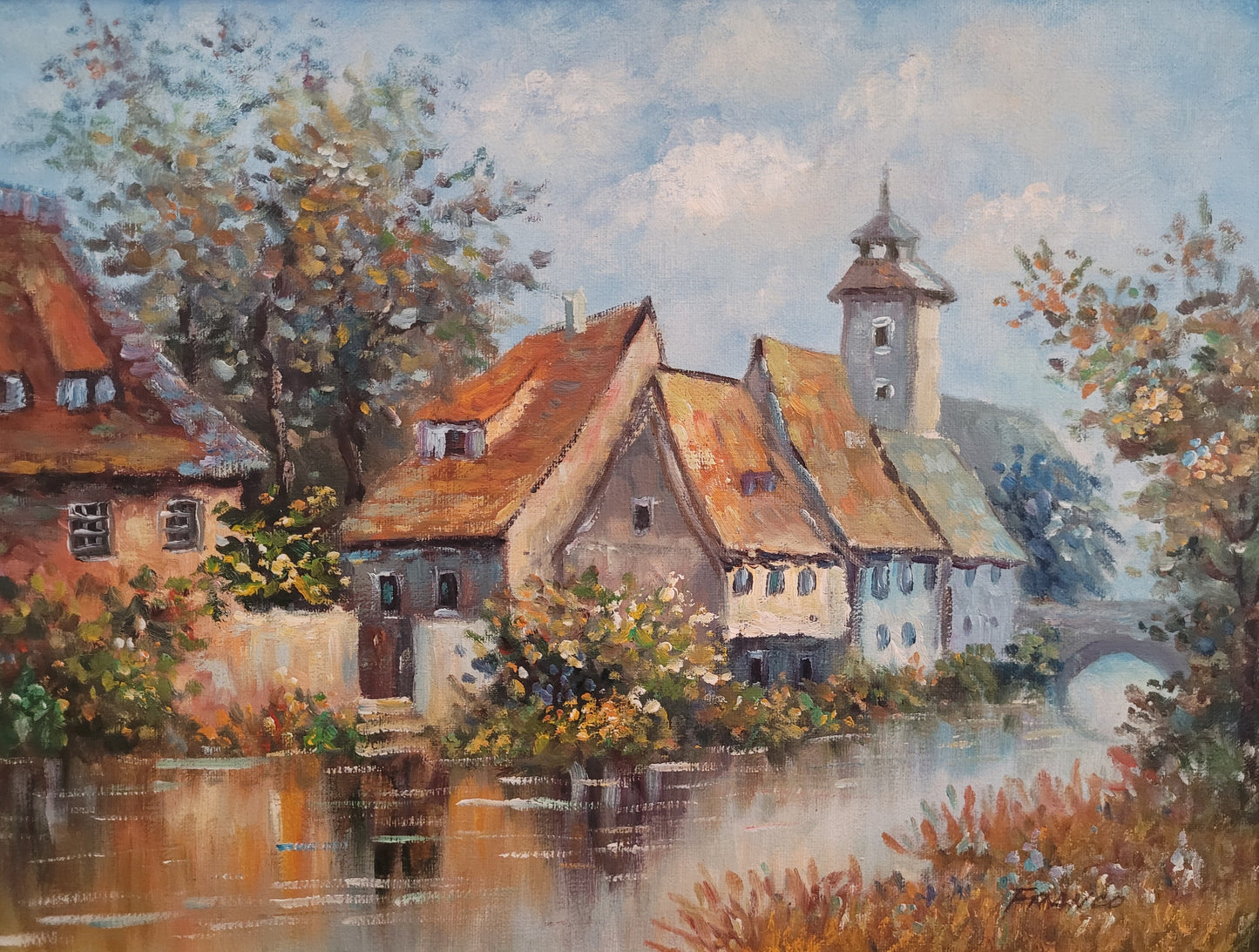 Franco (XX) Ölgemälde Handsigniert Dorflandschaft mit Fluss 55x62cm