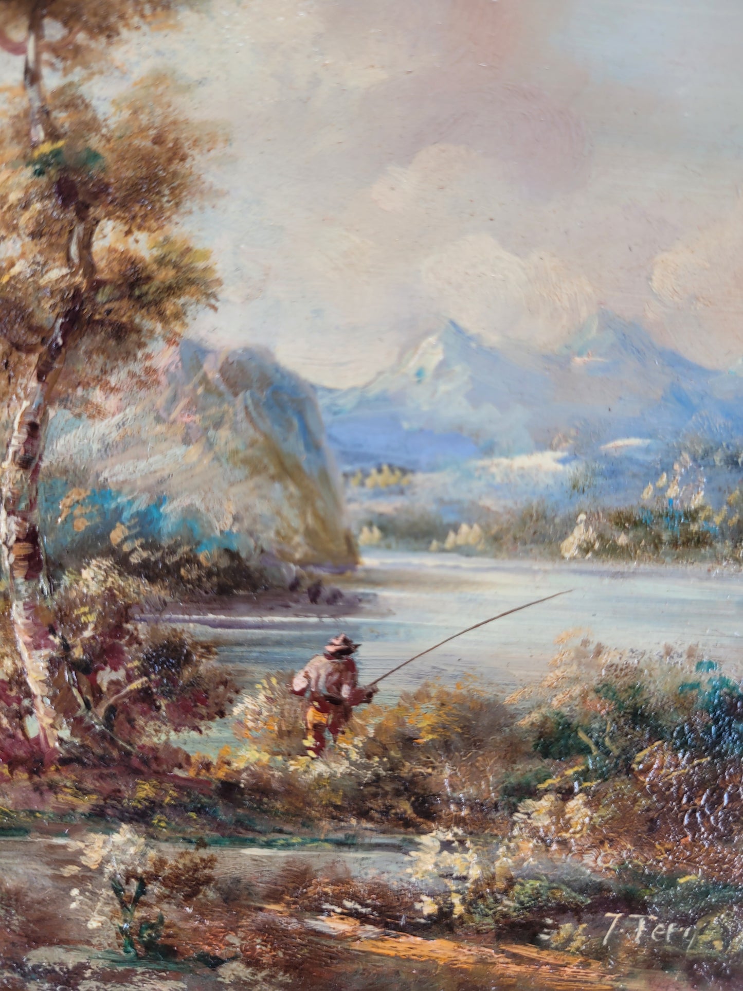 J. Tery (XX) Ölgemälde Idyllische Tallandschaft mit Angler 30x25cm