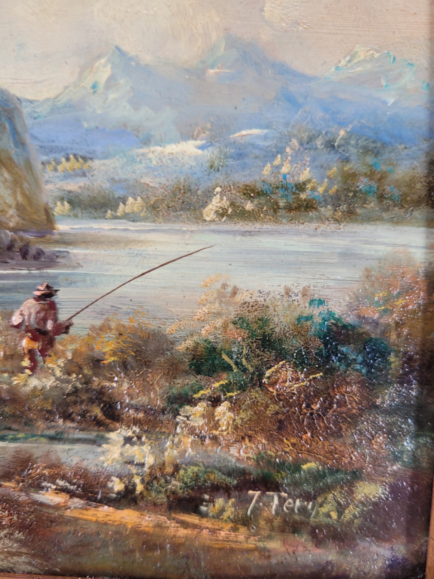 J. Tery (XX) Ölgemälde Idyllische Tallandschaft mit Angler 30x25cm