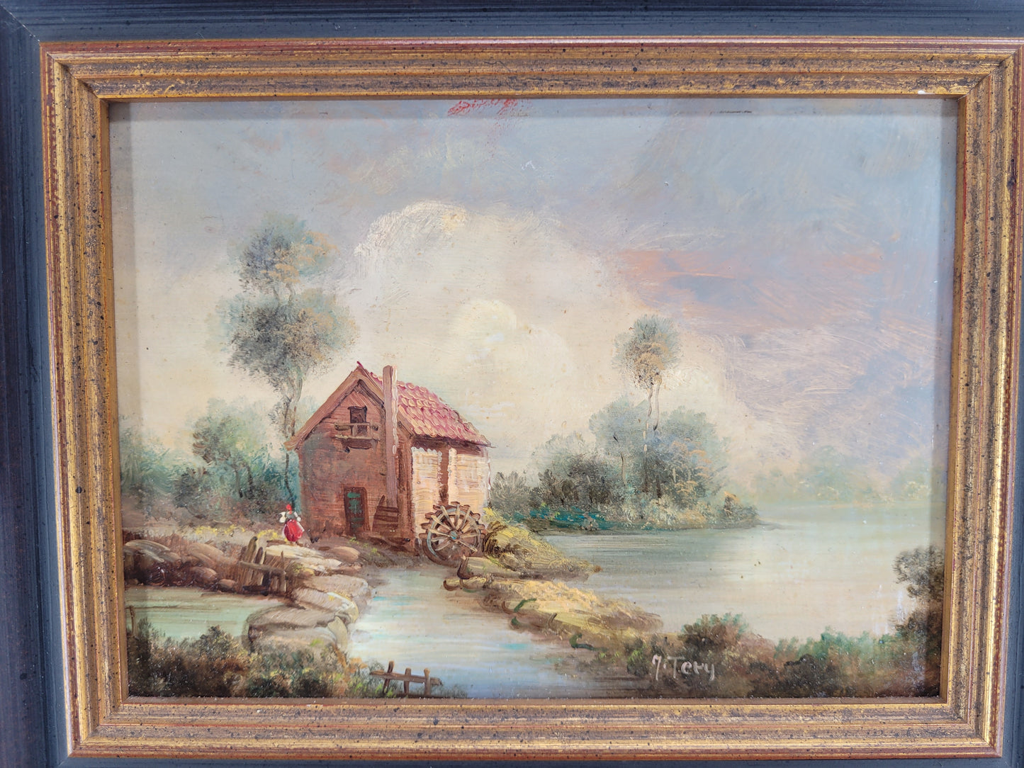 J. Tery (XX) Ölgemälde Sommerlandschaft Haus am See 25x30cm