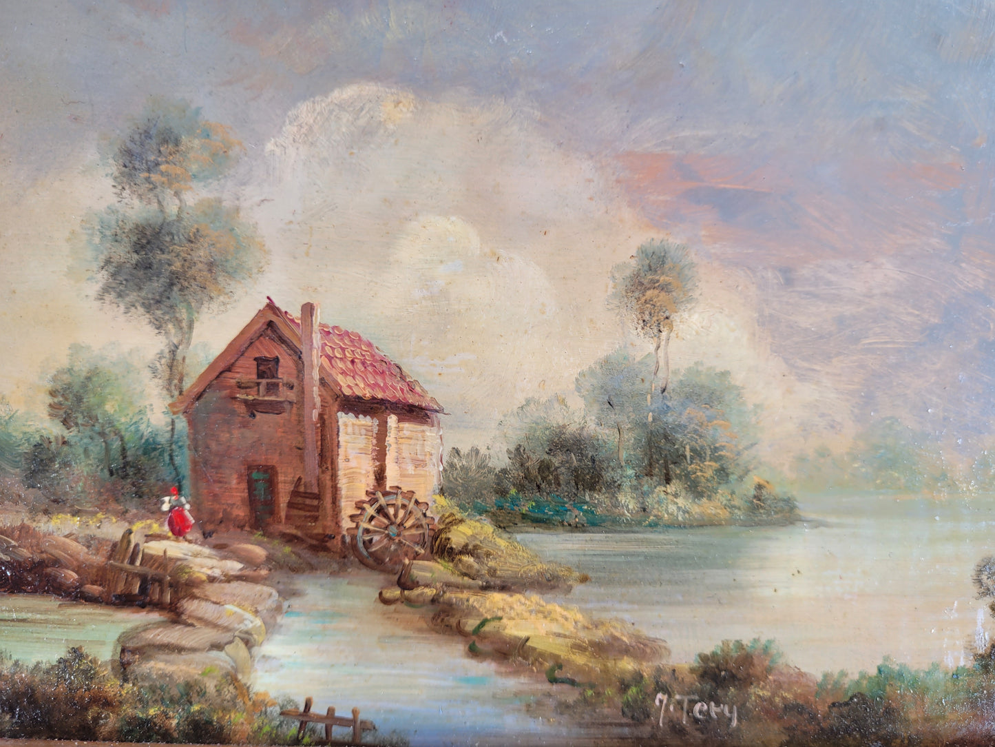 J. Tery (XX) Ölgemälde Sommerlandschaft Haus am See 25x30cm