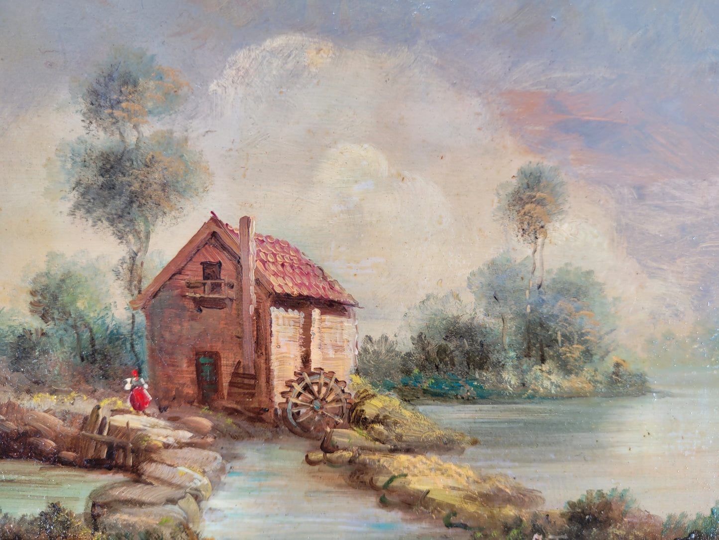 J. Tery (XX) Ölgemälde Sommerlandschaft Haus am See 25x30cm