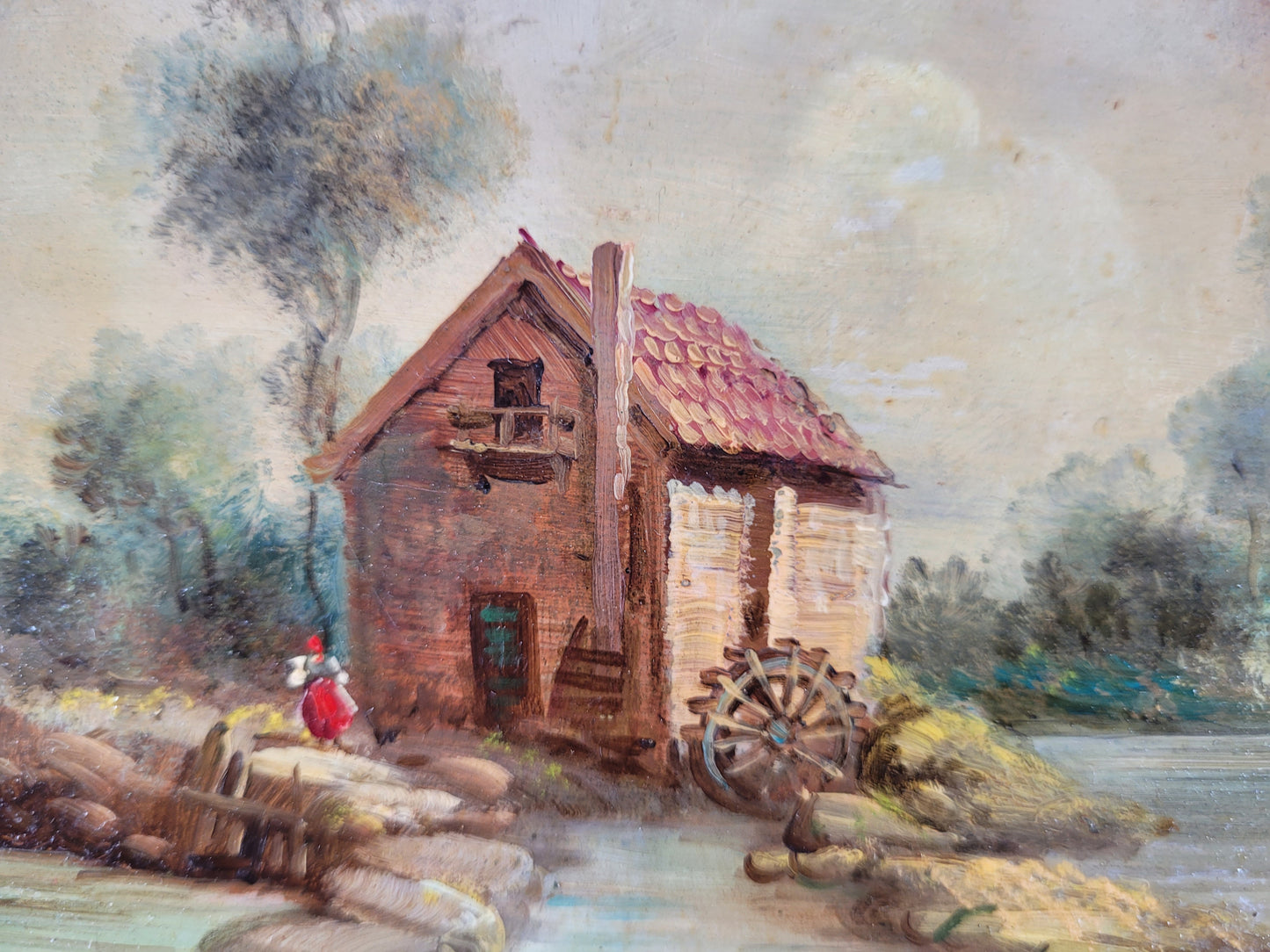 J. Tery (XX) Ölgemälde Sommerlandschaft Haus am See 25x30cm