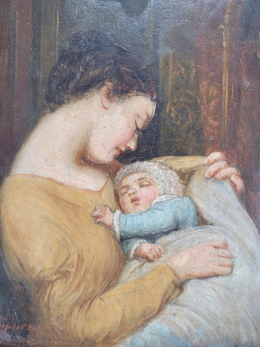 Friedrich Küpper (act.c. 1860-1864) Ölgemälde Mutter mit Kind 34x30cm